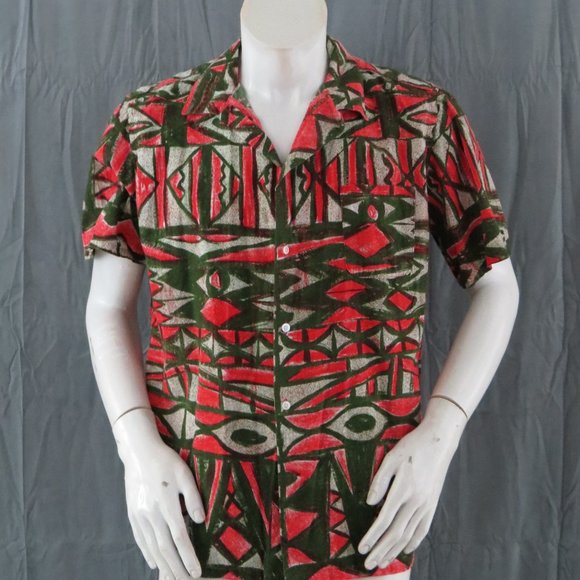Vintage Hawaiian Shirt - Green and Red Tribal Pattern Comptoir Artistique -Large - Picture 1 of 8